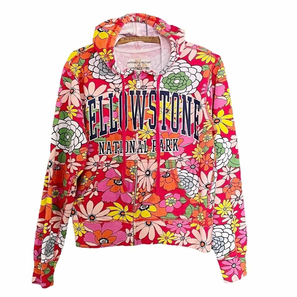Vintage Girl Yellowstone Park 70s Floral Zip-Front Hoodie Red Pink Size Large